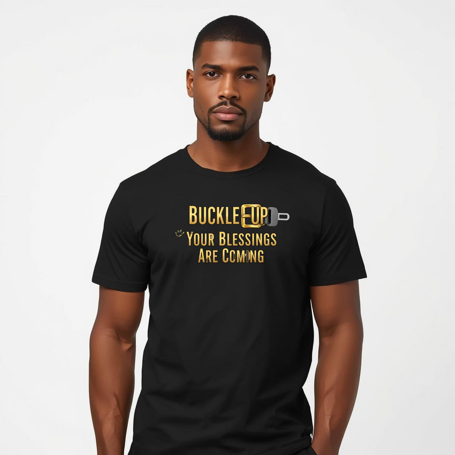 Man wearing a black t-shirt with yellow text on a white background
