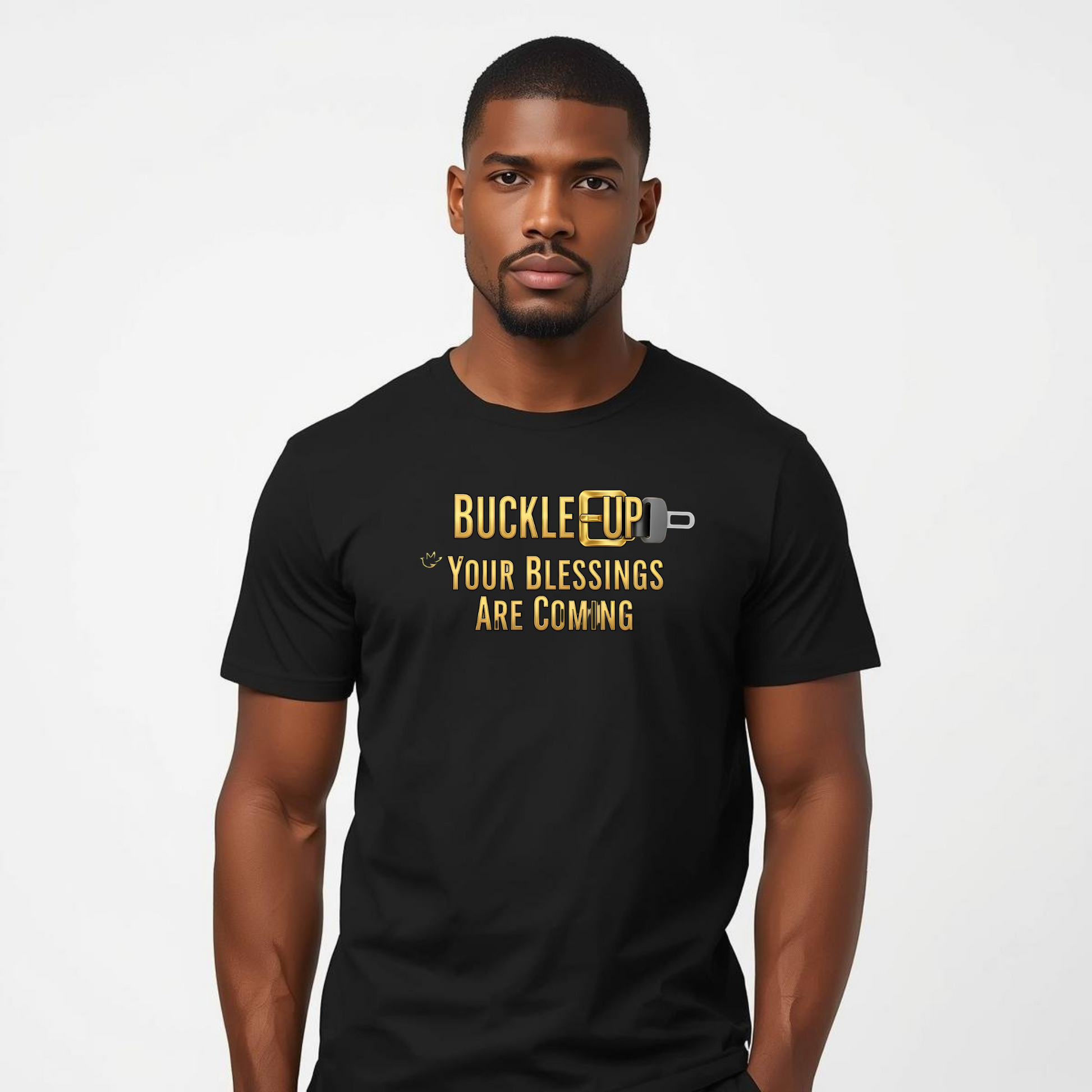 Man wearing a black t-shirt with yellow text on a white background