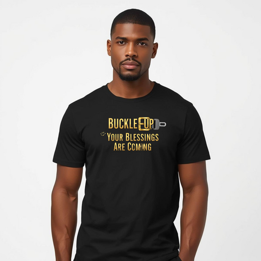 Man wearing a black t-shirt with yellow text on a white background